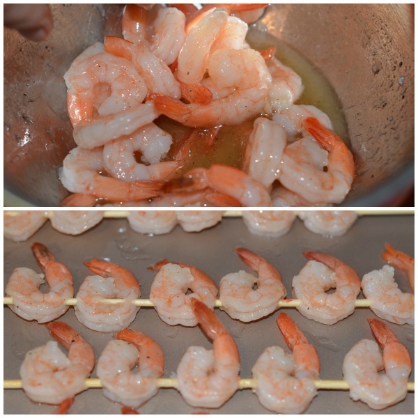 Shrimp marinating and on skewer